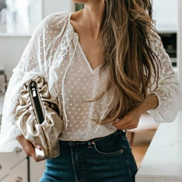 Express Tops - Express Sheer Ruffle Clip Dot Blouse